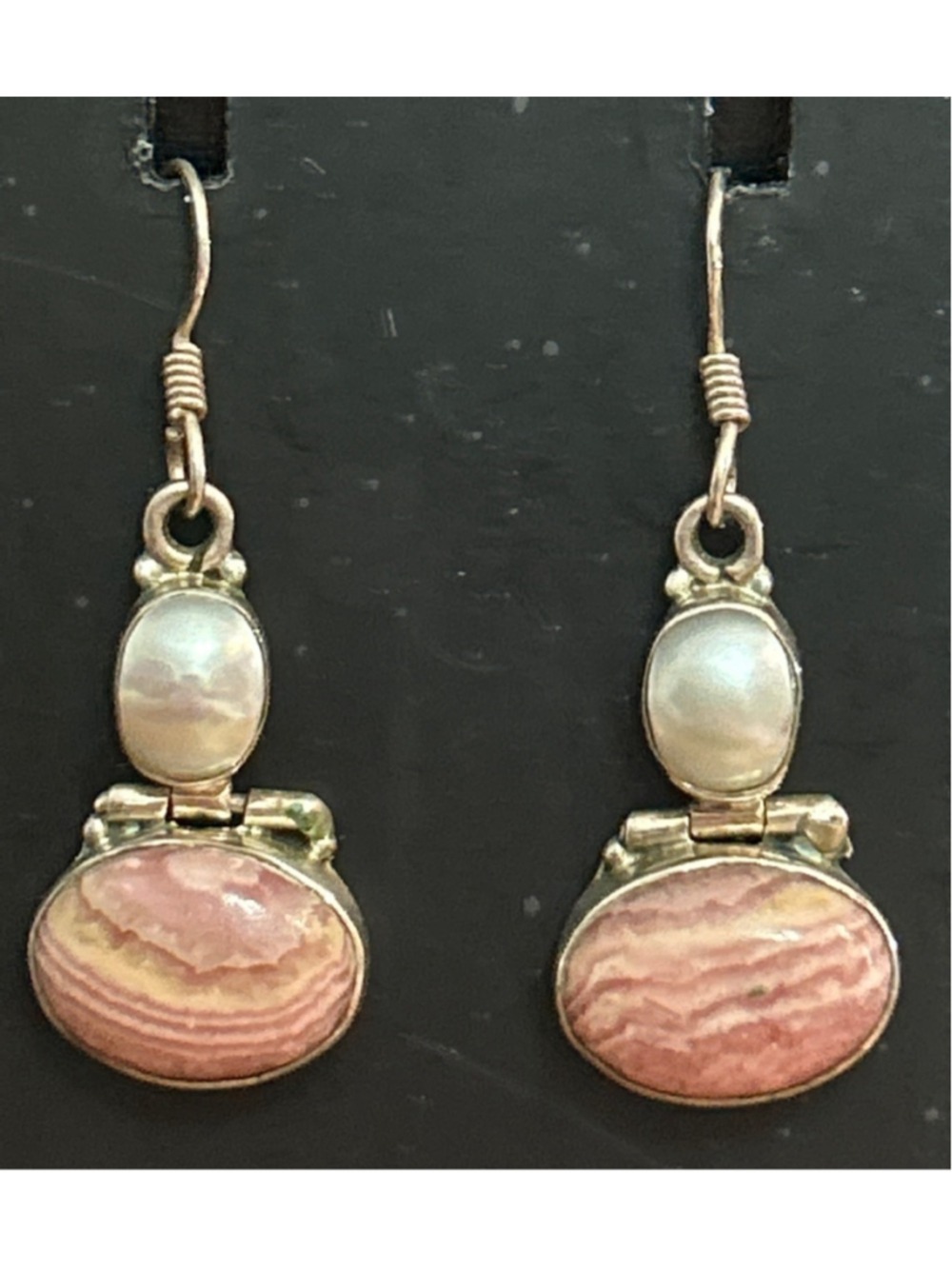 Women's 9.25 silver Pink Agate and Pearl Drop Earrings pierced